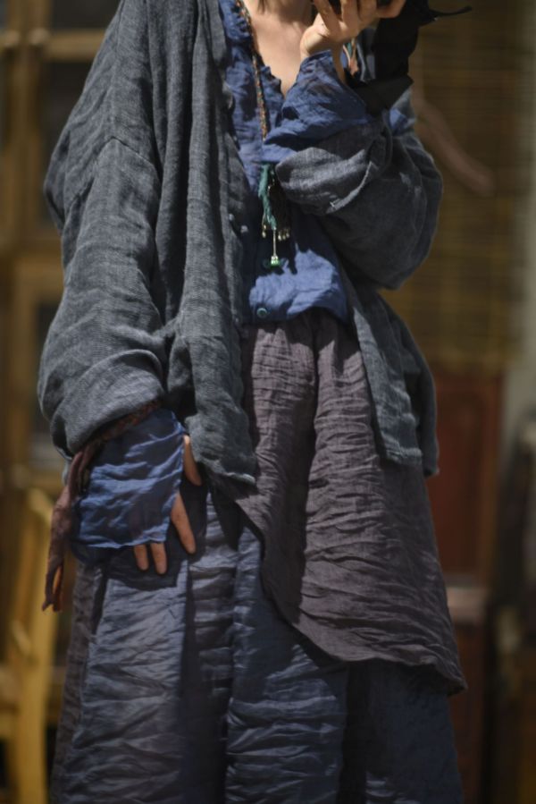 燕燕棉麻～高支莧麻 文藝休閒荷葉領百搭長袖開襟衫防曬衫 上衣 