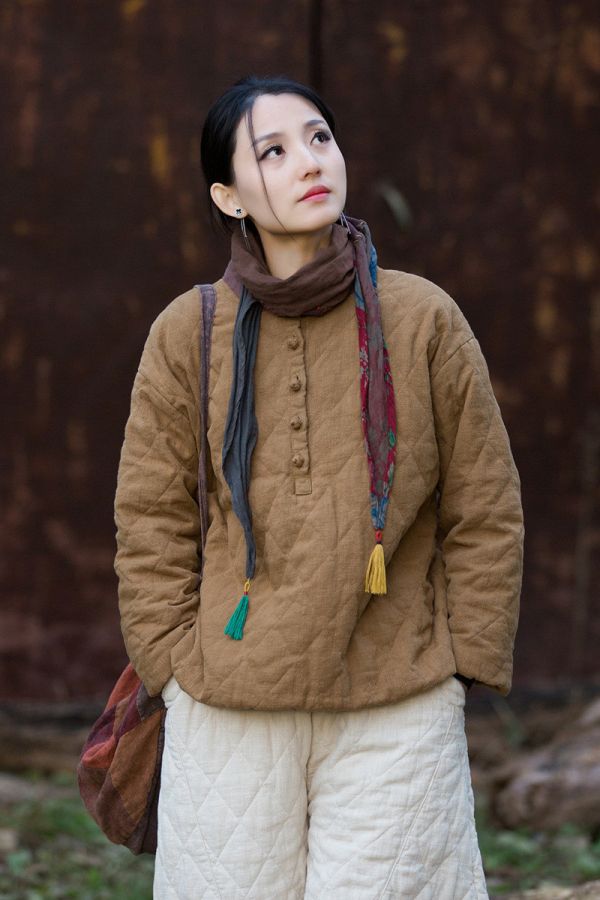 燕燕 冬季新款 苧麻夾棉菱格絎縫套頭棉襖 個性加厚保暖女裝棉衣上衣 