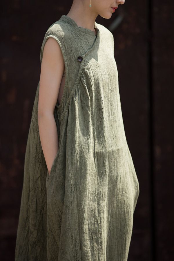 燕燕～秋冬薄款 苧麻棉手工紮染國風改良 無袖洋裝連身裙 