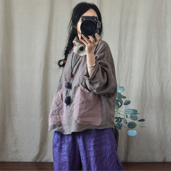 燕燕~亞麻材質 個性拼布大口袋 圓領寬鬆上衣 女式襯衫  