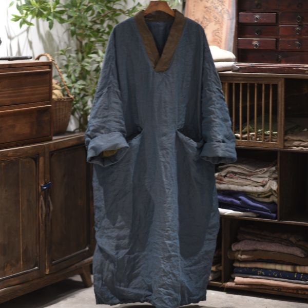 燕燕~色織亞麻v領夾棉復古長棉袍 洋裝 連身裙 (寬鬆版型）此件商品不退換喔 