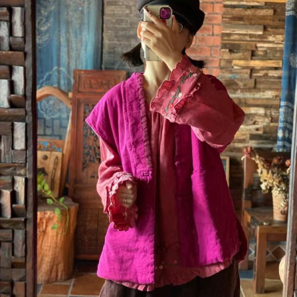 燕燕~棉麻商品~棉麻。  撞色領寬鬆落肩夾棉坎肩背心  ab192601 