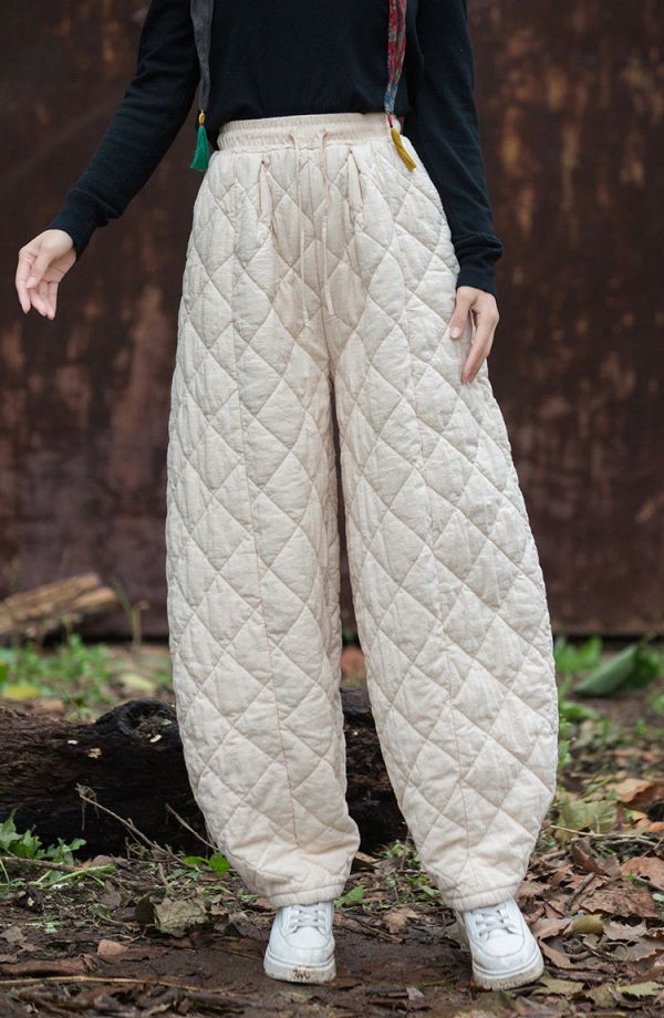 燕燕~秋冬新款 夾棉加厚絎縫菱形格老爹褲 文藝寬鬆百搭女式棉褲 長褲 