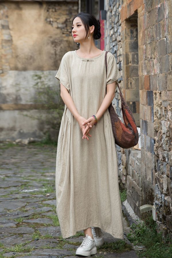 燕燕 夏款 亞麻紮染炒色文藝無袖長裙 洋裝 背心裙 