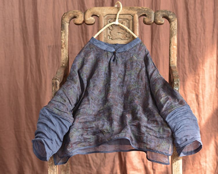 燕燕~棉麻商品~苧麻 香雲紗印花款  禪意茶服 襯衫 藍上衣 