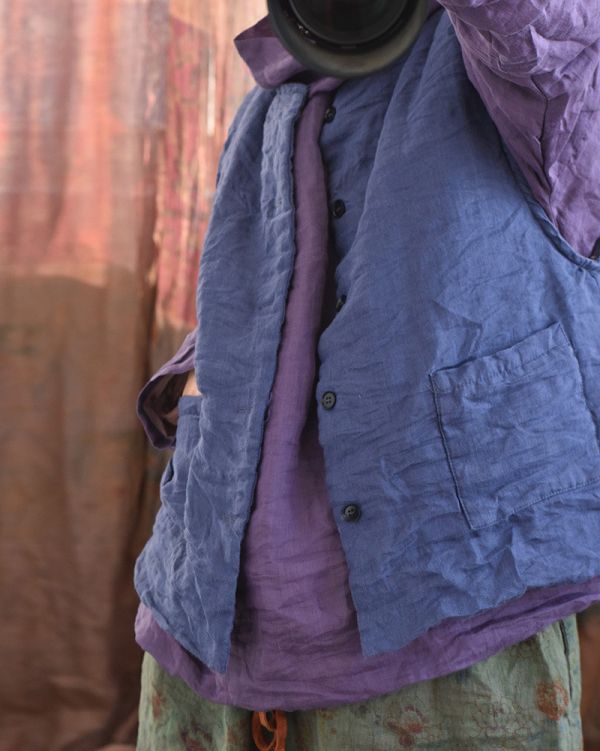 燕燕~秋冬款 保暖苧麻夾棉休閒復古寬鬆圓領對襟棉背心 