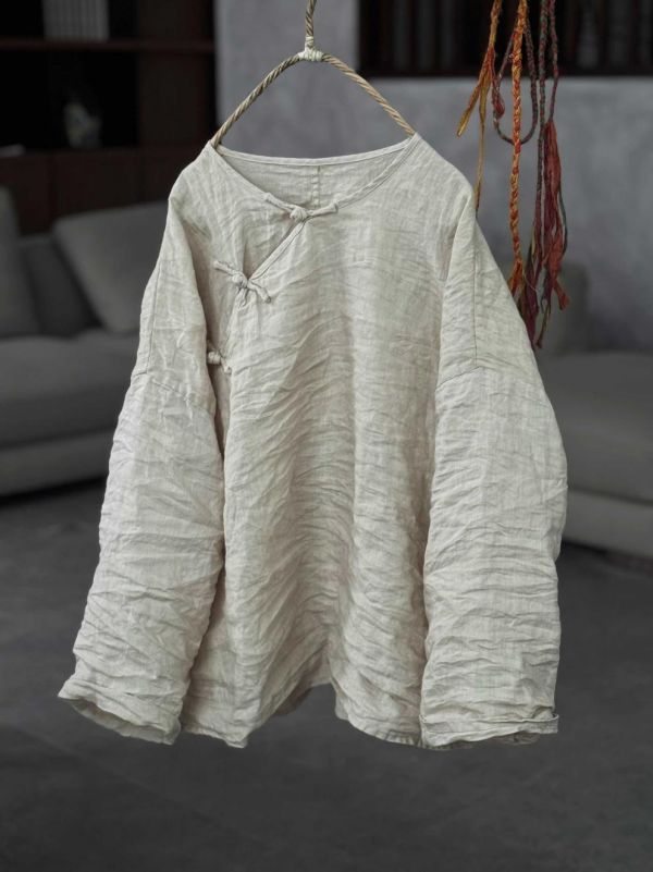 燕燕~夏季新款～復古盤扣亞麻立領中國風寬鬆中式襯衫 