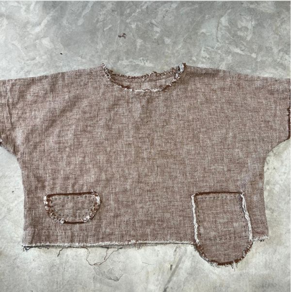 燕燕～早秋新品  色織亞麻材質 水洗毛邊套頭短外搭上衣 短袖棉麻衫 