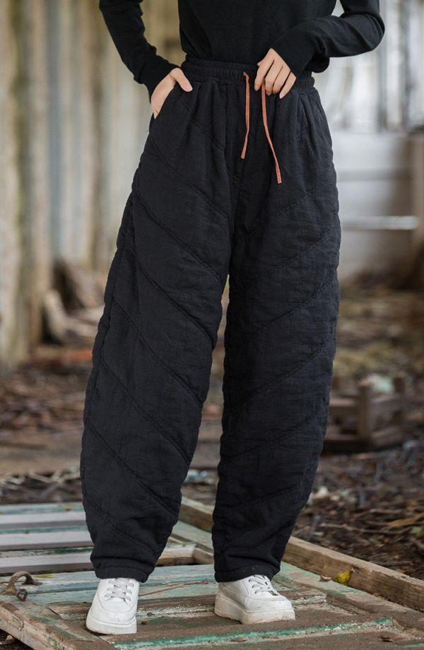 燕燕~冬季新款 苧麻夾棉絎縫炒色褲子 文藝百搭鬆緊腰女式長褲 棉褲 