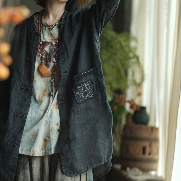 燕燕~春夏款 純苧麻。復古文藝印花寬鬆對襟長上衣襯衫  ab217601 