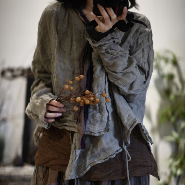 燕燕~亞麻~文藝復古斜襟繫帶小衫 上衣 襯衫 外套 