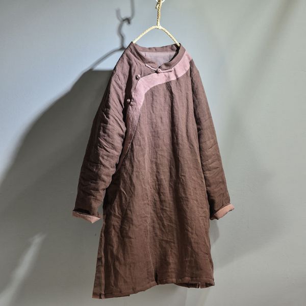 燕燕棉麻～亞麻材質 中長款棉衣上衣 拼布斜襟盤扣文藝棉茶服長袖棉麻衫 
