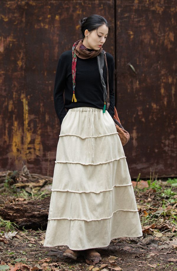 燕燕～秋冬新品  苧麻加絨加厚炒色裙子文藝復古百搭長裙 