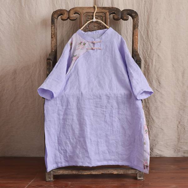 燕燕~棉麻商品 苧麻材質 旗袍款式 復古拼布百搭中長款長版上衣 可當洋裝 連身裙 