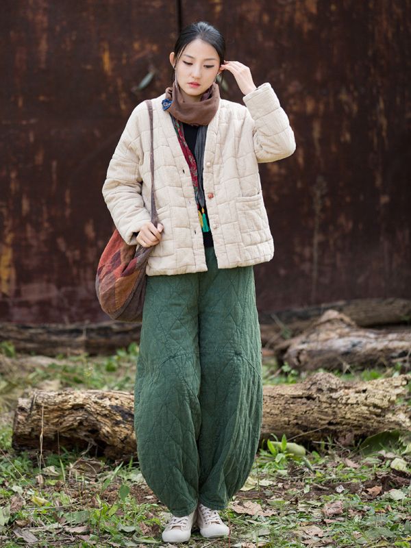 燕燕~冬季新款    雙層夾棉肌理感方格絎縫棉襖棉服柔軟保暖文藝盤扣棉衣外套 