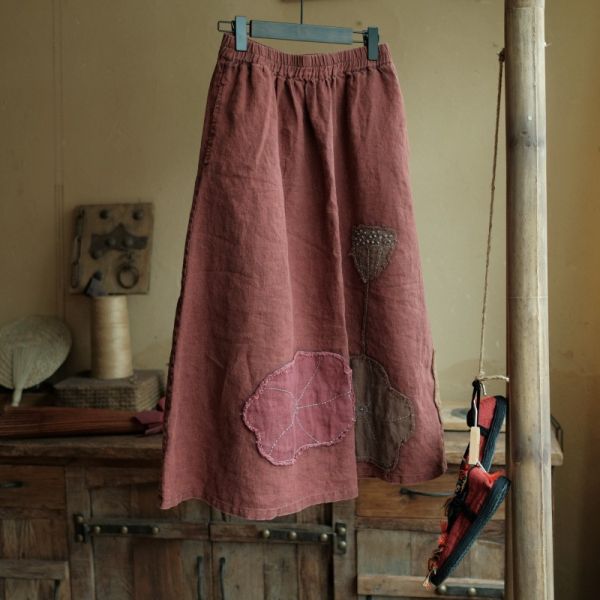 燕燕～春秋款 復古文藝高端水洗亞麻貼花長裙 