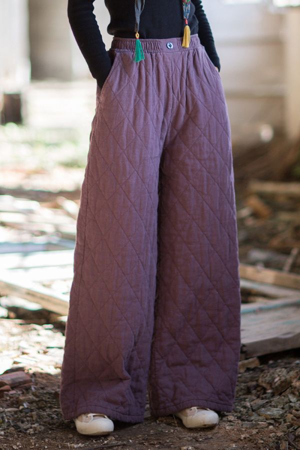 燕燕~冬季新款 苧麻夾棉菱格絎縫長褲  加厚保暖文藝直筒棉褲 