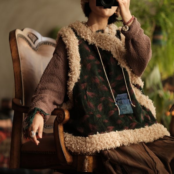 燕燕~復古燈芯絨斜襟盤扣羊捲毛夾棉背心。ab222401 