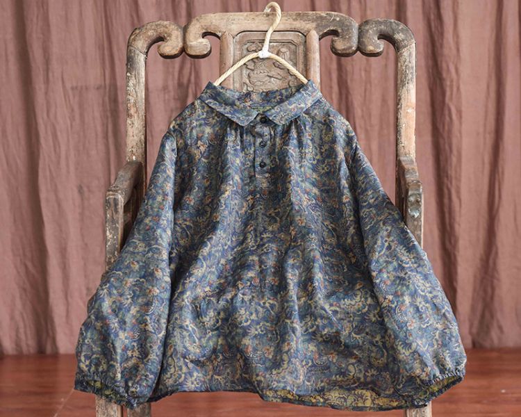 燕燕. 苧麻。四季款  文藝復古印花 寬鬆方領長袖上衣T 襯衫 長袖棉麻衫 