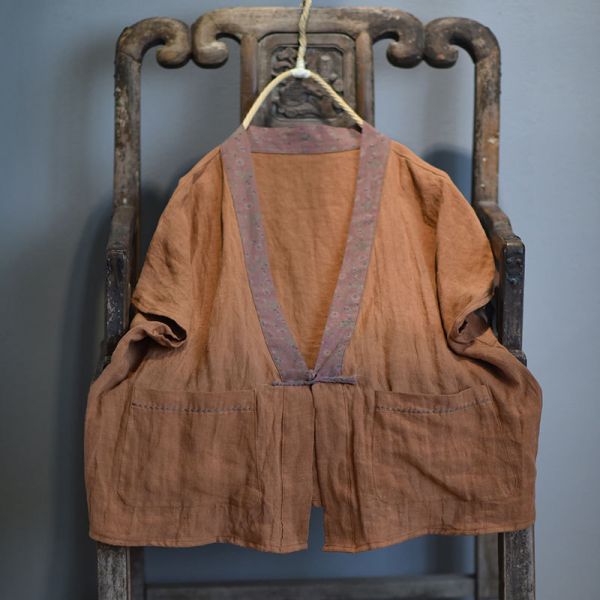 特價款 燕燕~棉麻商品~日系森林系~春秋款 亞麻材質 撞色寬鬆手工盤扣上衣 短袖棉麻衫 可當外套 