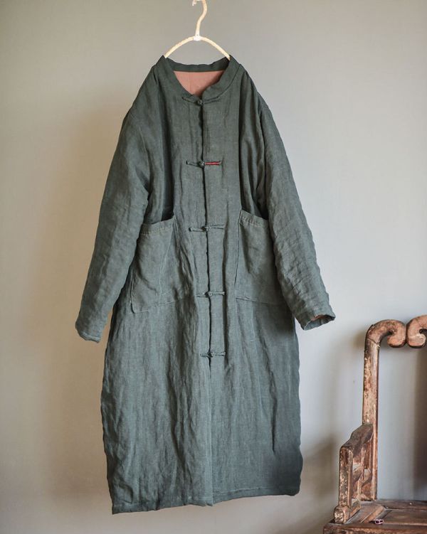 燕燕~亞麻~秋季新款 復古文藝長版加棉保暖中式棉襖棉衣 外套 