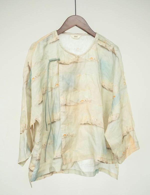 燕燕～亞麻 印花文藝偏襟盤扣上衣 襯衫  長袖棉麻衫   ab2305701 