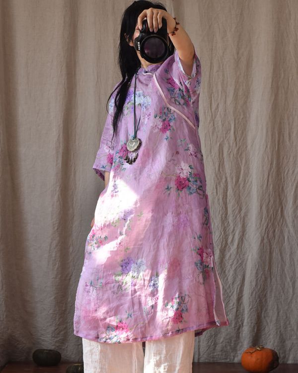 燕燕~棉麻商品 印花苧麻材質 長款斜襟盤扣茶服 洋裝 連身裙 