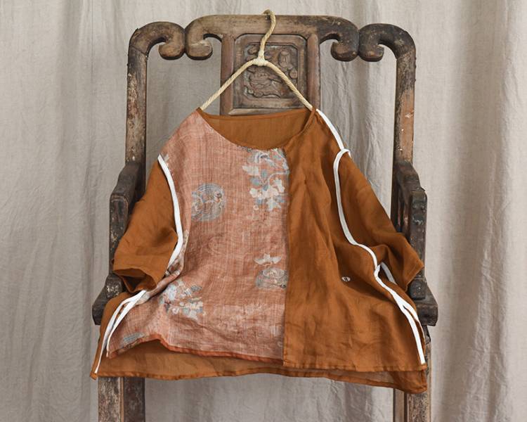 燕燕~棉麻商品 苧麻材質 拼布斜襟盤扣上衣 短款小衫中袖繫帶襯衫 短袖棉麻衫 