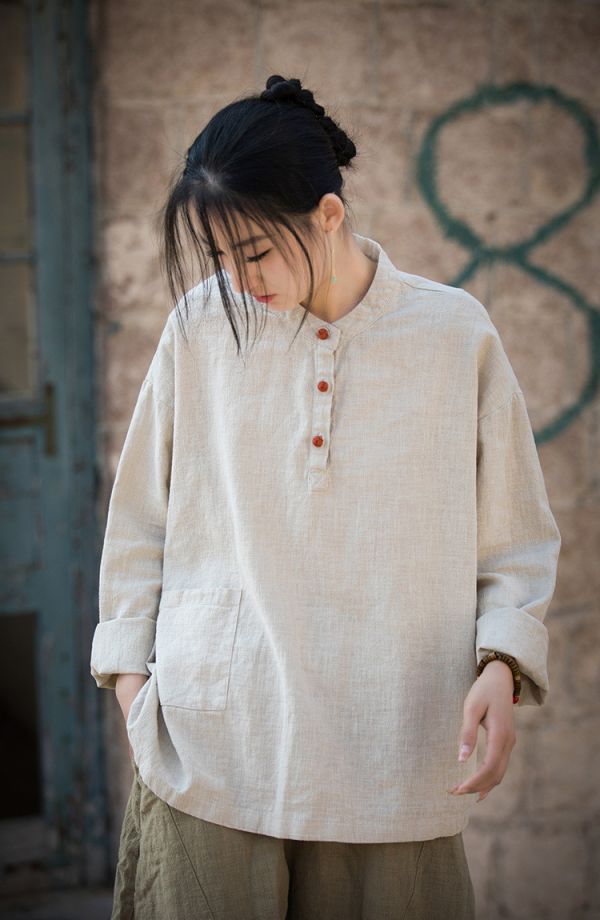 燕燕~莧麻棉~夏女裝新款  撞色盤扣上衣 長袖棉麻衫 