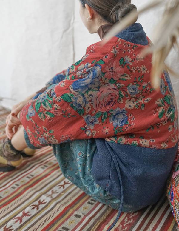 燕燕棉麻～復古中國風印花斜襟撞色夾棉外套 漢服寬鬆禪意棉衣 ab2133601 