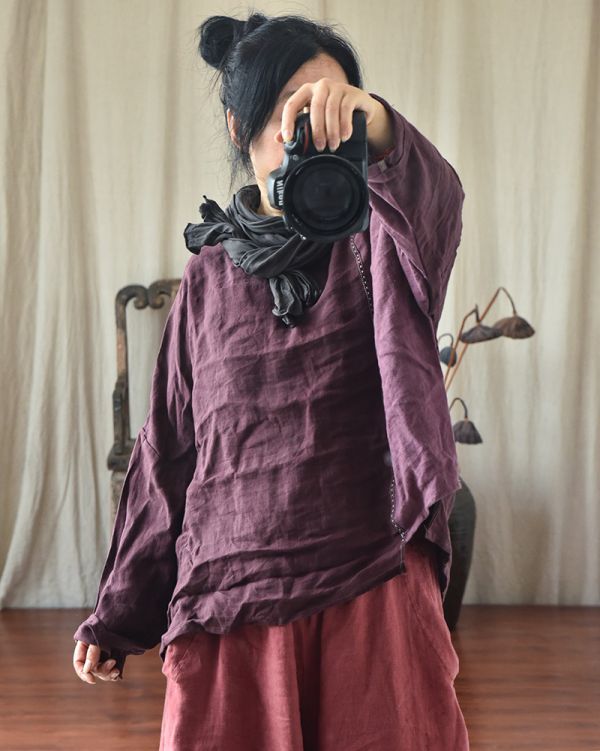 燕燕~春秋款 棉麻  文藝復古拼布 針跡繡線休閒圓領上衣 外套 