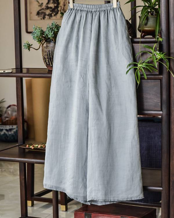 燕燕~棉麻商品~文藝清新飄逸雙層苧麻闊腿長褲寬鬆顯瘦直筒防曬休閒褲 民俗風寬褲 (全長內裡） 