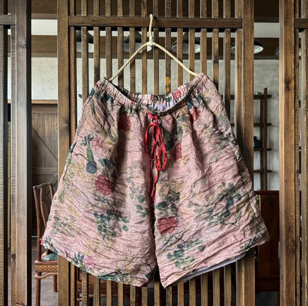 燕燕~雙層苧麻~文藝復古百搭印花 休閒寬鬆短褲 