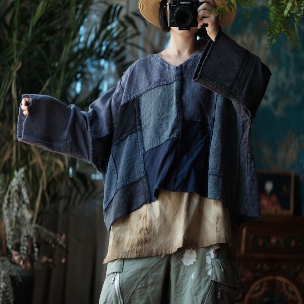 燕燕～水洗棉麻～復古拼布V領毛邊寬鬆小衫 T恤 上衣 ab218201 