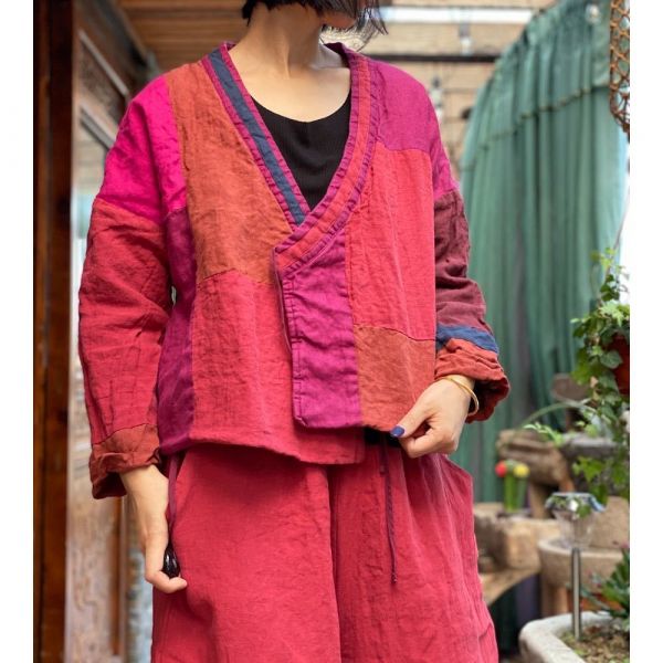 燕燕~棉麻商品~純亞麻 砂洗拼布繫帶棉衣棉服上衣  外套。 ab174601 