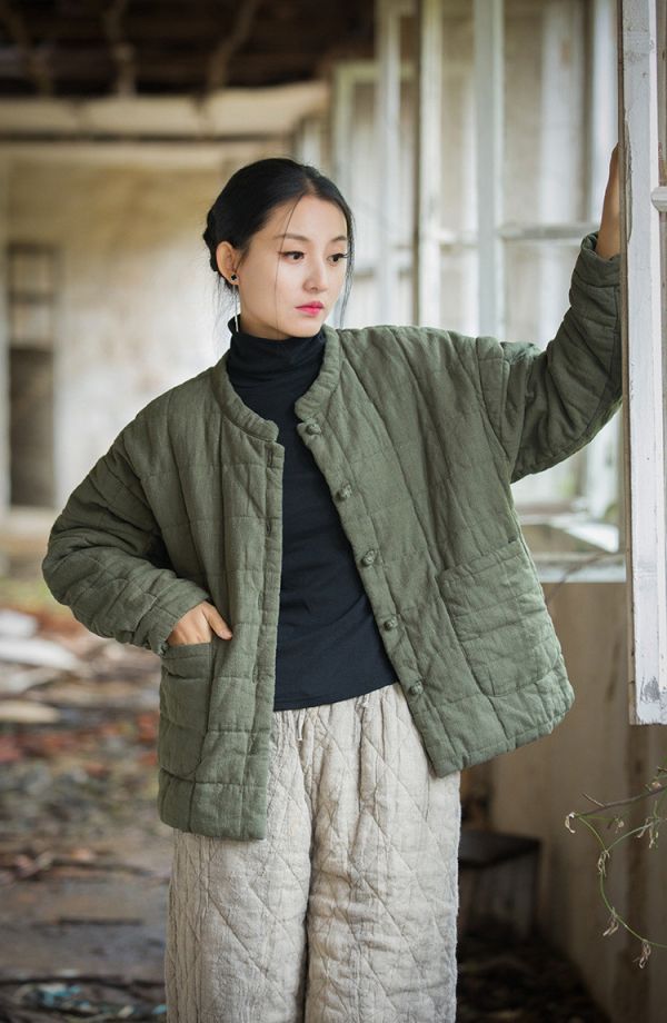 燕燕~冬季新款 莧麻夾棉絎縫方格棉襖棉服時尚文藝個性女式短棉衣外套 