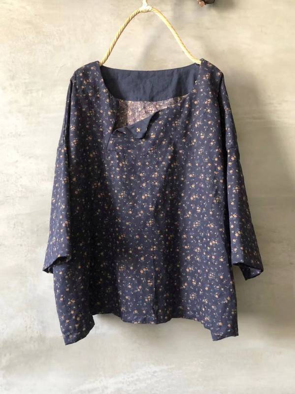 燕燕～早秋新品  雙層棉材質 印花寬鬆圓領半開套頭短衫上衣 長袖棉麻衫 