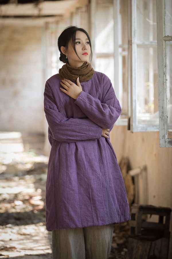 燕燕~秋冬新品 苧麻炒色夾棉加厚復古改良禪意風女式中長棉衣上衣 