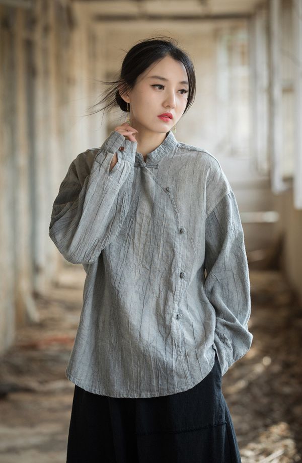 燕燕~莧麻棉～薄手工紮染改良盤扣上衣 防曬長袖T恤 