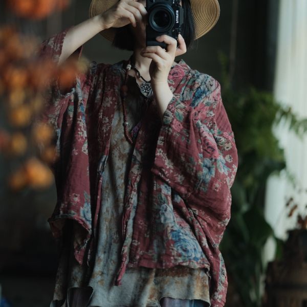 燕燕~棉麻商品~復古文藝棉料印花繫帶外披開襟衫 外套 ab237901 