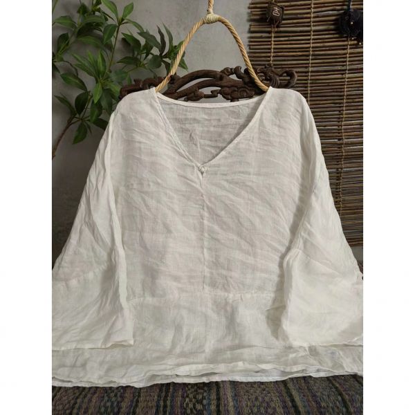 燕燕~棉麻商品~春夏款。亞麻  文藝復古寬鬆七分袖落肩套頭小衫 上衣 