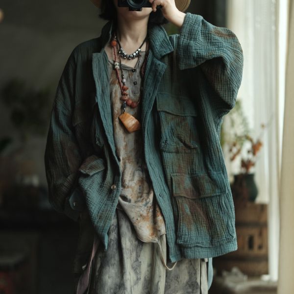 燕燕~植物染 復古翻領中式口袋棉麻外套 ab236301 