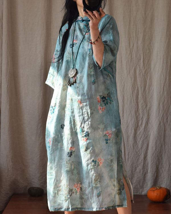 燕燕~棉麻商品 印花苧麻材質 長款斜襟盤扣茶服 洋裝 連身裙 
