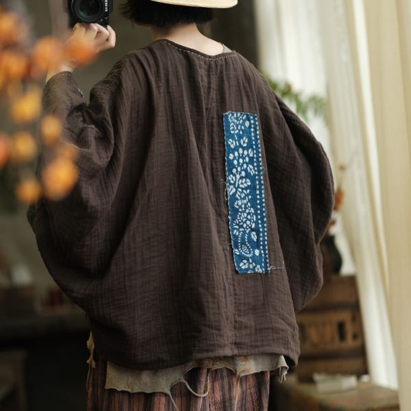 燕燕~復古棉麻貼布斜襟扣盤寬鬆百搭打底T恤 上衣 ab237301 