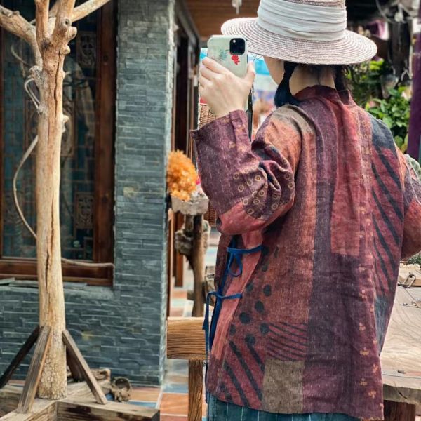 燕燕~棉麻商品~改良立領盤扣繫帶復古文藝懷舊小衫 上衣 長袖棉麻衫 ab202401 