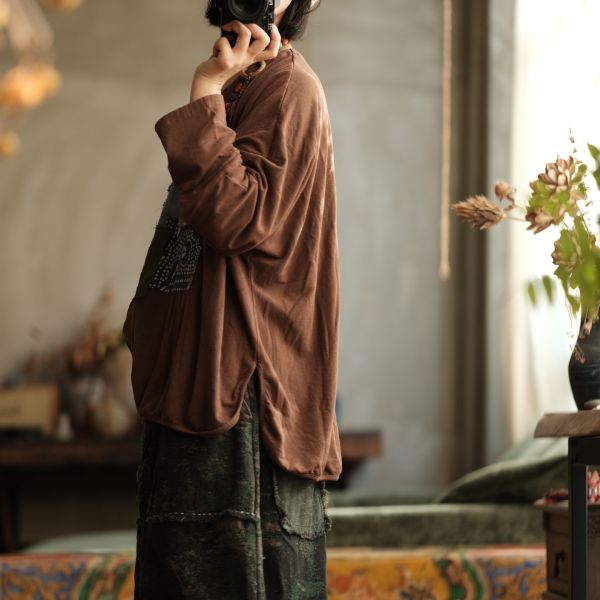 燕燕~秋冬新款 設計女裝文藝復古純棉寬鬆打底貼布T恤 HX011801 