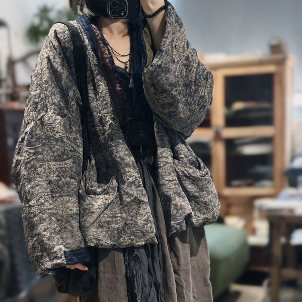 燕燕~秋冬新款 復古文藝絲麻混紡寬鬆繫帶中式復古上衣 外套 