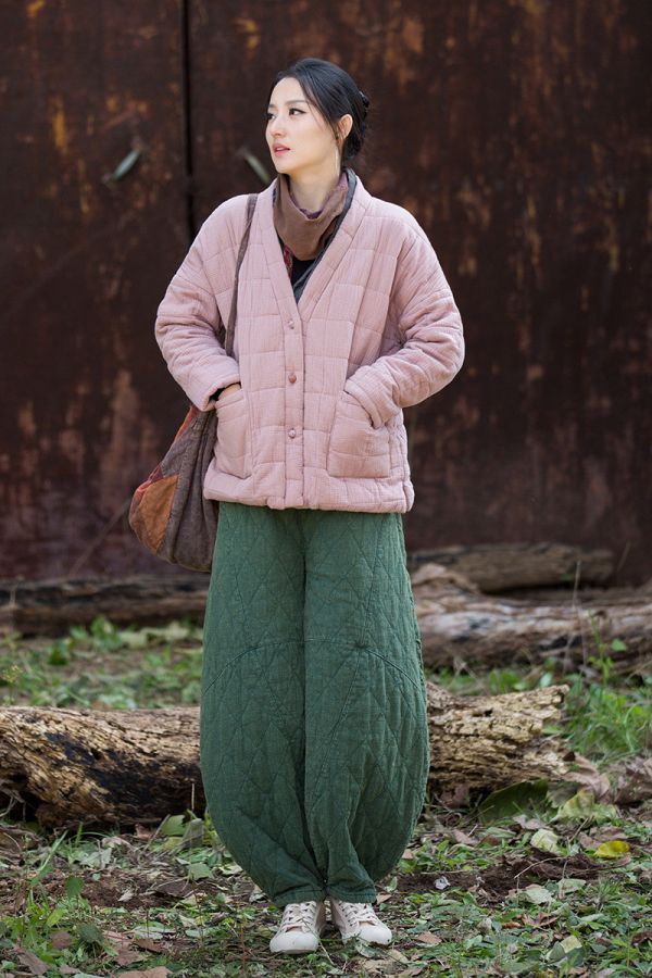 燕燕~冬季新款    雙層夾棉肌理感方格絎縫棉襖棉服柔軟保暖文藝盤扣棉衣外套 