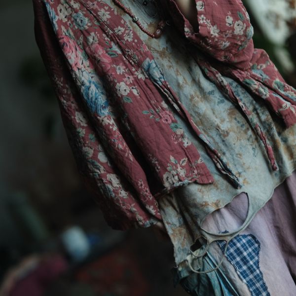 燕燕~棉麻商品~復古文藝棉料印花繫帶外披開襟衫 外套 ab237901 