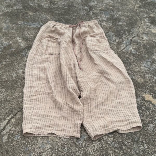 燕燕～亞麻～條紋色織鬆緊腰寬腿休閒女褲 寬鬆顯瘦百搭直筒褲 